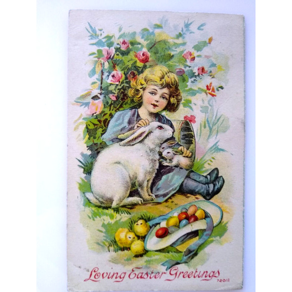 Loving Easter Greetings Postcard 1911 Child Bunny Rabbits In Flower Garden 72011 - Picture 2 of 3